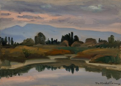 Nerantza Riverside with Reflections, Dusk — Oil painting, Canvas, 33.00×46.00cm — Theodoros Markellos